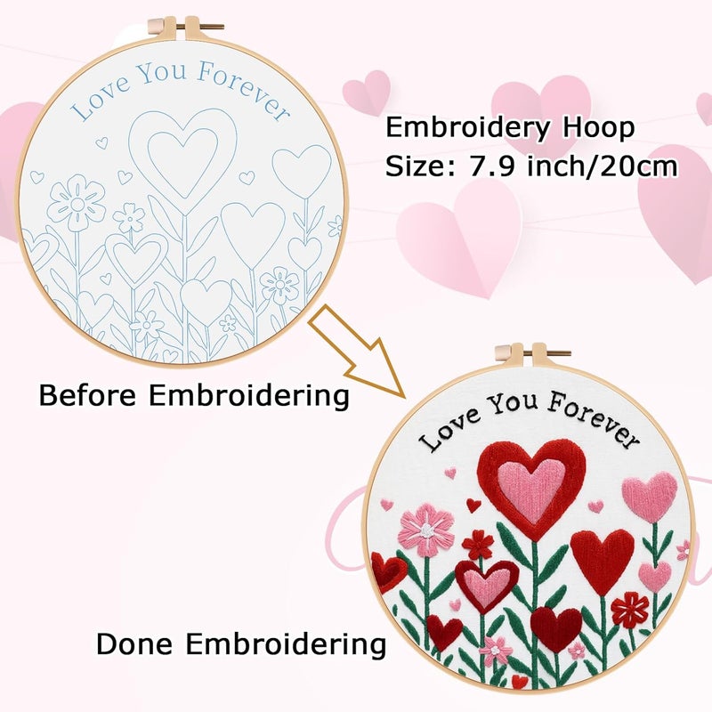 Nuberlic Valentine Embroidery Kit for Beginners - Heart Floral Design Adults Starter Cross Stitch Kit DIY Needlepoint with Hoop, Pre-Printed Fabric, Threads & Step-by-Step Guide - Image 4